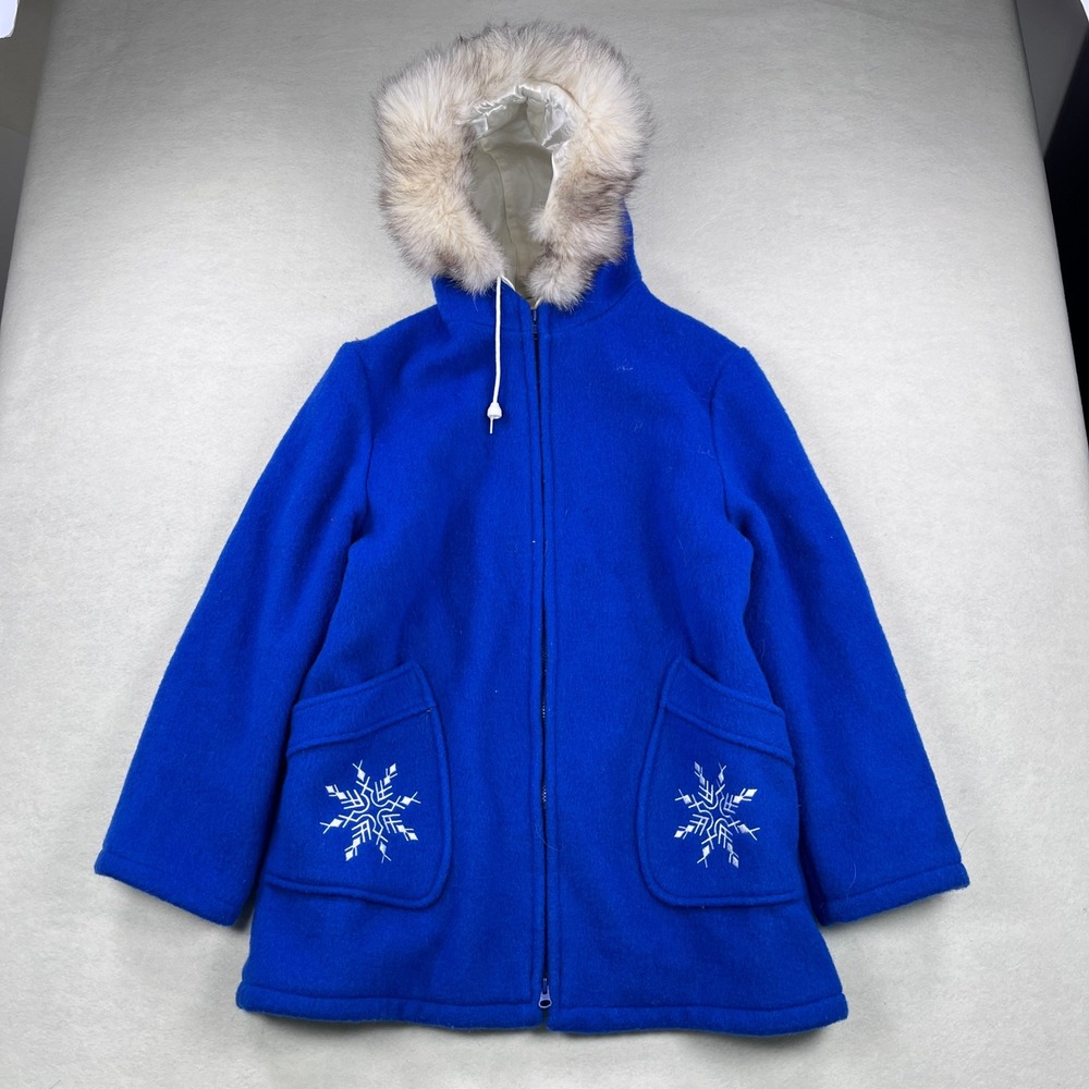 Vintage Hudson's Bay Company Blue Wool Parka Fur Trimmed Hood Snowflake Canada